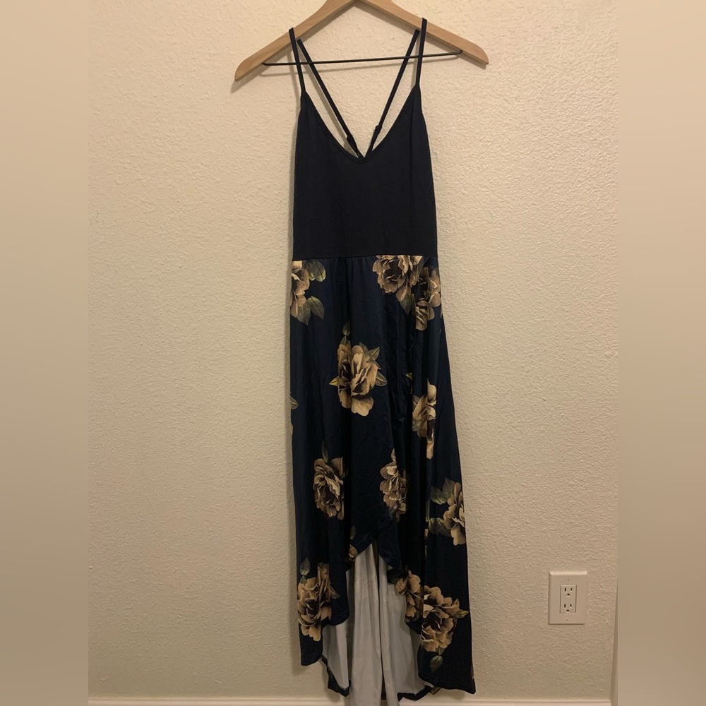 V Neck Spaghetti Strap High Low Dress in Navy Blue with Flowers
